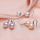 3 Pairs 7-8MM White Pink Purple Freshwater Pearl Dangle Silver Hook Earrings