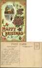 Happy Christmas fancy design violets country house holly embossed ca. 1910