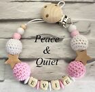 Personalised Dummy Clip💎Wooden💗Crochet, Pink 💗stars💎girl💗grey💗gift Chunky