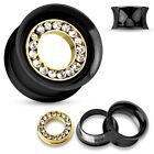 Dilatatore Flesh Tunnel Plug Piercing Double Flared Nero Cristallo Intarsio Oro