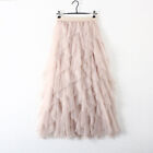 Summer Womens Elastic High Waist Ruffle Mesh Tulle Tutu Skirt Pleated Long Dress