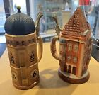 2 BOCCALI BIRRA IN CERAMICA CON COPERCHIO NUOVI CON RILIEVO TEMA EDIFICIO Rari