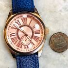 QVC Bronzo Milor Italia Rose Gold Roman Numeral Blue Leather Watch New Battery