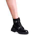 Donna Plateau Stivaletti Vernice Worker Biker Boots Brillantini Combattimento