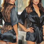 Vestaglia donna notte nero camicia pizzo sexy lingerie kimono perizoma DS266