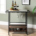 Rolling Bar Serving Trolley Cart Kitchen Island 2 Wine Glasse Bottle Rack Wheels