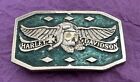 Awesome Vintage Unbranded Harley Davidson Aviator Winged Skull Green Belt Buckle