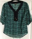 BIBA green & black blouse sheer chiffon 3/4 sleeve top boho festival size 12