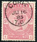 1884 5/- rose on blued paper wmk large anchor. S.G. 176.