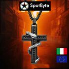 Collana Uomo Croce Nera con Serpente Argentato Snake Serpe Streetwear Black