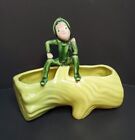 Vintage Dark Green Pixie on a Yellow Green Log Double Planter Succulent Ceramic