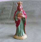 Vecchia statuina presepe Re Magio Melchiorre gesso o pasta dipinta a mano