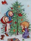 Vintage Christmas card, girls decorating tree, Betsey Clark, 7" used FRONT