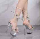 Sandali 16.5 cm Tacco Plateau Platform Beige Fiori Pole Dance Lacci 83525