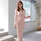 Tubino Vestito Abito Donna Elegante Manica Lunga Ginocchio Rosa Cipria 43109