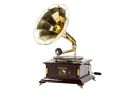 Grammofono con tromba HIS MASTER VOICE in legno e ottone FUNZIONANTE QUADRATO