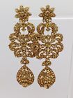 Statement Ornate Gold Tone & Champagne Rhinestone Drop Earrings