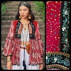 Zara red embroidered velvet kimono jacket embellished hippy boho paisley top s m