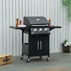 Outsunny Gasgrill BBQ mit 3 Brennern je 3 kw mobiler 4 Rädern Grillnetz Schwarz