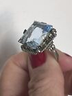 Antique Metal Crystal Ring Antico Anello Deco Tono Argento Cristallo Acquamarina