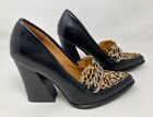 Jeffrey Campbell 4 (37) black leather & leopard high heel pointy courts shoes