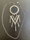 House Of Harlow New Long Large Pendant Silver Necklace Black Leather & Pearl