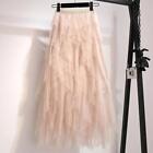 Women Solid Color Long Skirt Tulle Skirt Mesh Pleated Elastic High Waist Layered