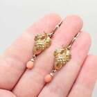 Antique Victorian Acorn & Coral Earrings Gold Gilt Hook Dangle Growth Oak Tree