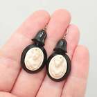 Antique Victorian Lava Cameo Whitby Jet Earrings High Relief White Genuine Hook