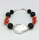 bracciale donna vero corallo rosso grande perla akoya onice nero argento 925