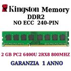 2GB (1X2GB)MEMORIA /RAM KINGSTON DDR2 PC2 6400U 2RX8 800MHZ NONECC ALTA DENSITÀ