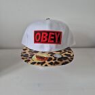 Obey Adjustable SnapBack Baseball Cap. White. Leopard Print Peak.