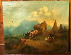 Antico quadro -Olio su tela -  XIX secolo - Paesaggio  animato /tori - cavallo