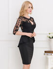 LC60609 Abito Sera Longuette Peplo Party Gala Nero Maniche 3/4 in Pizzo Floreale