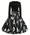 Womens Long Sleeve Knee Length Dress Black White Ghost Print Emo Goth Size M