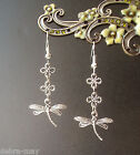 Pretty Dragonfly and Flowers Dangly Silver Plated Earrings