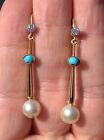 18ct Gold Turquoise, Diamond & Cultured Pearl Victorian Drop Earrings, 18k 8.4g