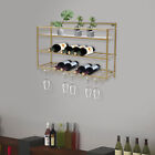 Gold Wine Rack Wall Mounted Hanging Shelf Wine Display Organizer W/ Glass Holder