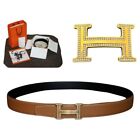 HERMES H 18CT GOLD & DIAMOND EXTRA LARGE BELT BUCKLE ON REVERSIBLE LEATHER BELT