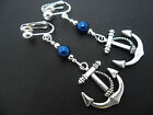 A PAIR OF  TIBETAN SILVER DANGLY SHIPS ANCHOR  BLUE BEAD  CLIP ON EARRINGS. NEW.