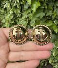 Vintage P&M Paris Round Gold Clip On Earrings With Anchor