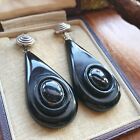 Antique Victorian Carved Whitby Jet Drop Earrings Bulls Eye Banded Agate Stones