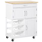 HOMCOM Rolling Kitchen Island Trolley Storage Cart with Rubberwood Top Wine Rack