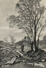 Henri HARPIGNIES "Paysage à l arbre" gravure signée (située à Nice ?)