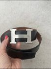 Hermes silver H Black Tan leather Reversible Belt 38mm