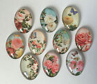 10 Shabby Roses or Birds Glass Cabochons Oval 25mm x 18mm Crafts Jewellery Chic