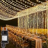 yowin Tenda Luminosa 600 LED 6m x 3m Luci Natale Esterno, 8 Modalità Tenda Luci Natale IP65 Impermeabile Cascata Luci per Giardino Matrimonio Feste Interno Addobbi Natalizie - Bianco Caldo