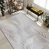 the carpet Mila moderno tappeto soggiorno, elegante tappeto lucido a pelo corto soggiorno in grigio con motivo piume oro argento, tappeto, 160 x 230 cm