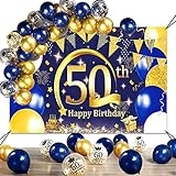 SWPEED Palloncini 50 anni Compleanno Decorazioni Striscione, Blu Oro Striscione Compleanno Sfondo 50 anni e Blu Oro Palloncini, Happy Birthday Tessuto Poster Striscione 50 anni Festa Addobbi per Uomo