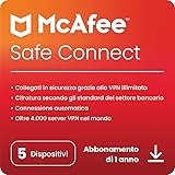 McAfee Safe Connect 2024, Software VPN illimitato, Internet Security e privacy,5 Dispositivi,1 utente,PC/Mac/iOS/Android, Abbonamento di 1 anno,Codice di attivazione tramite e-mail